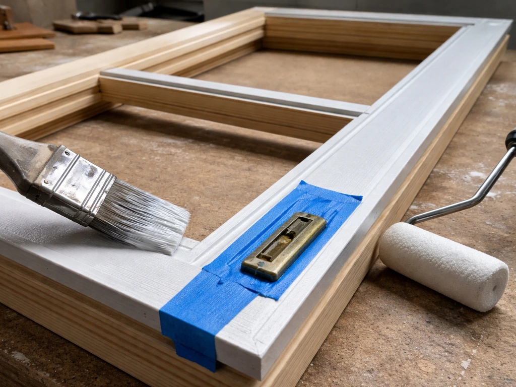 Close-up of an angled brush applying thin primer along a wooden frame rail and handle area on a bench.