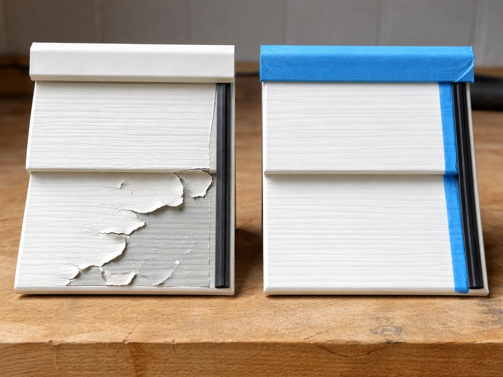 Close-up of correct masked weatherstripping beside a vinyl panel missing primer, with paint peeling