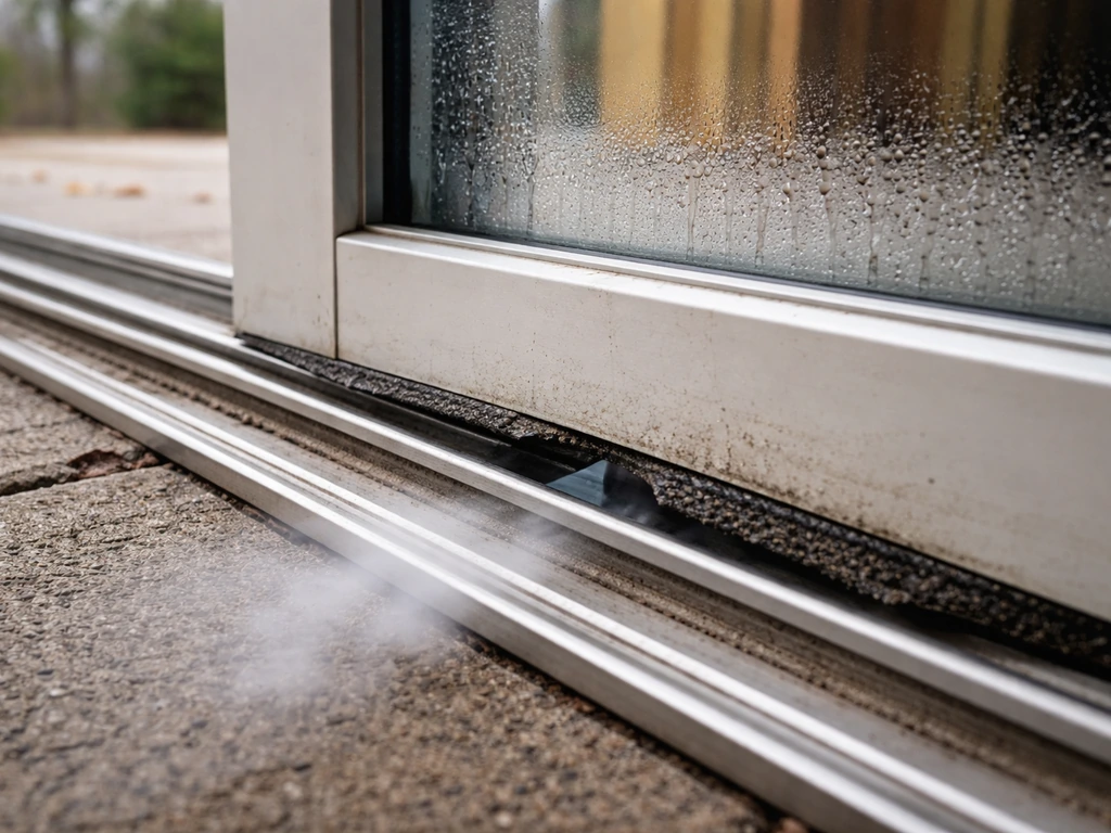 Close-up of patio door threshold and weatherstripping with visible cold-air draft gap and condensation