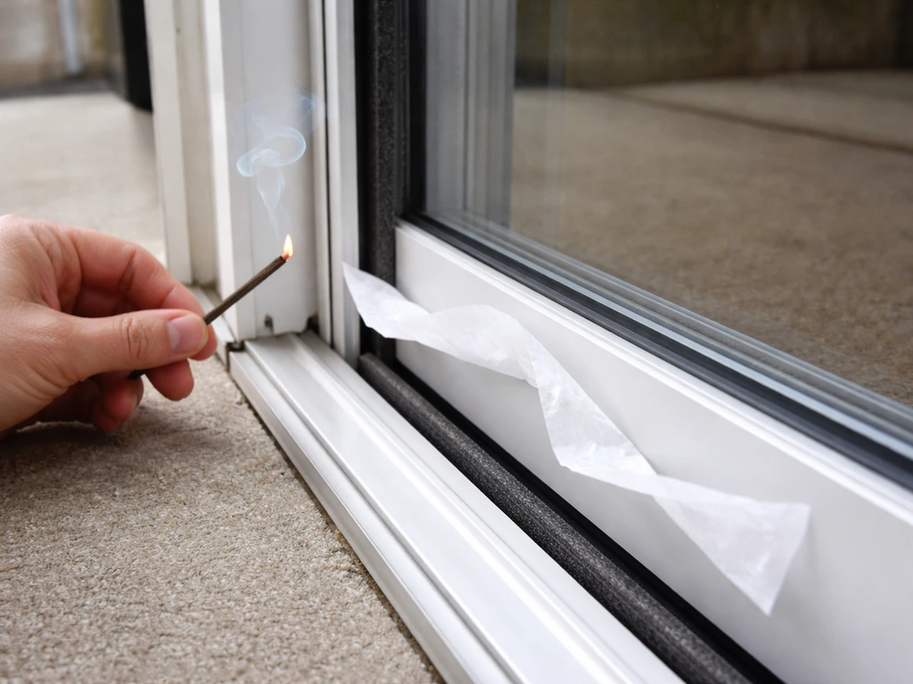 Lit incense stick held near sliding patio door edges as tissue paper flutters to find a draft leak.