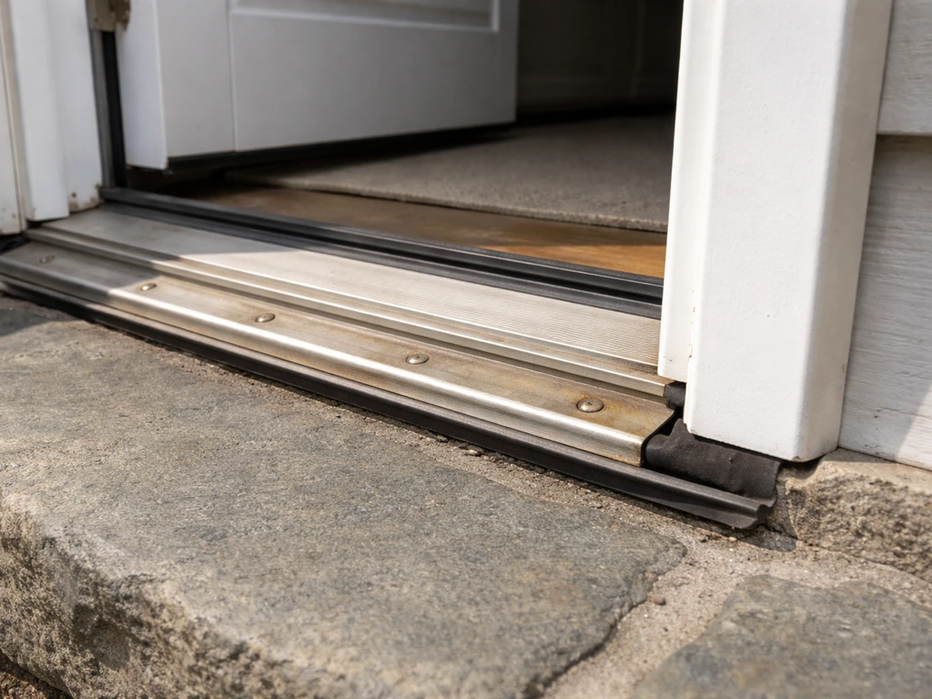 Close-up of a hinged patio door threshold with a small gap showing cold air entry