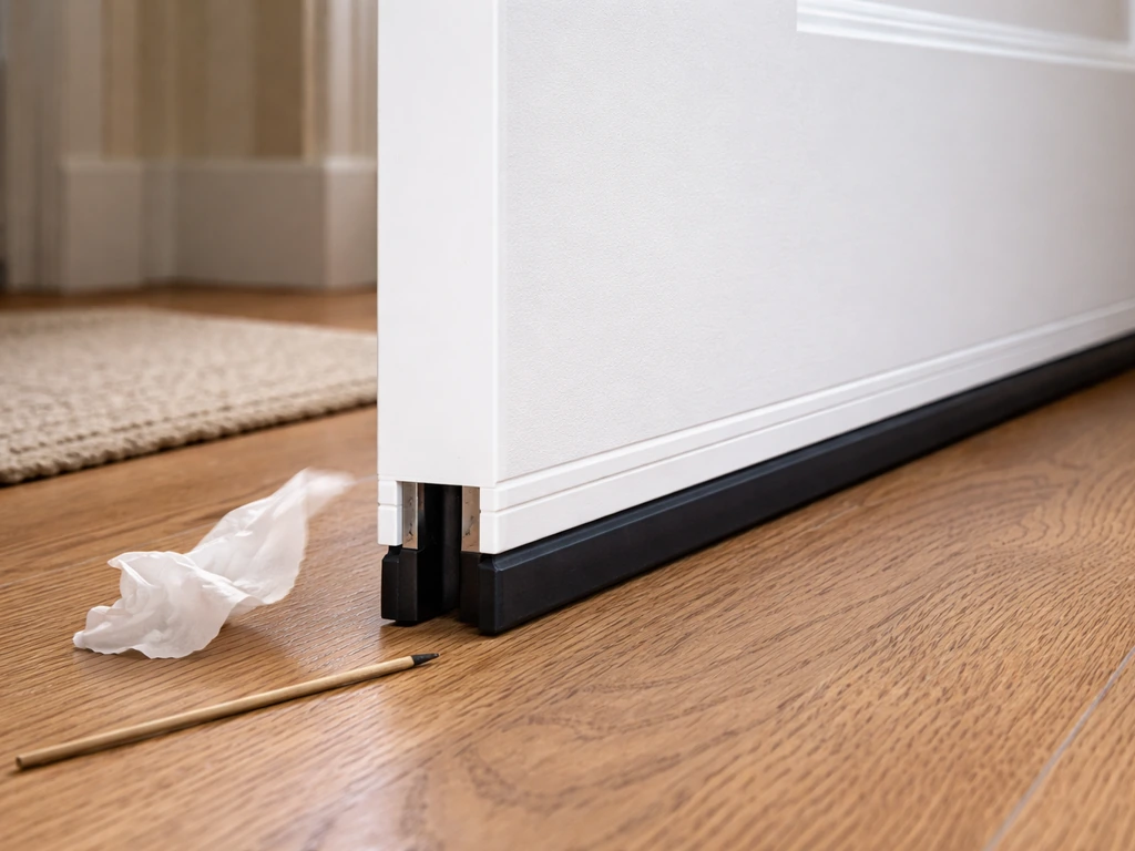 Door bottom sweep and weatherstripping freshly installed, with tissue paper hovering to show a tighter seal.