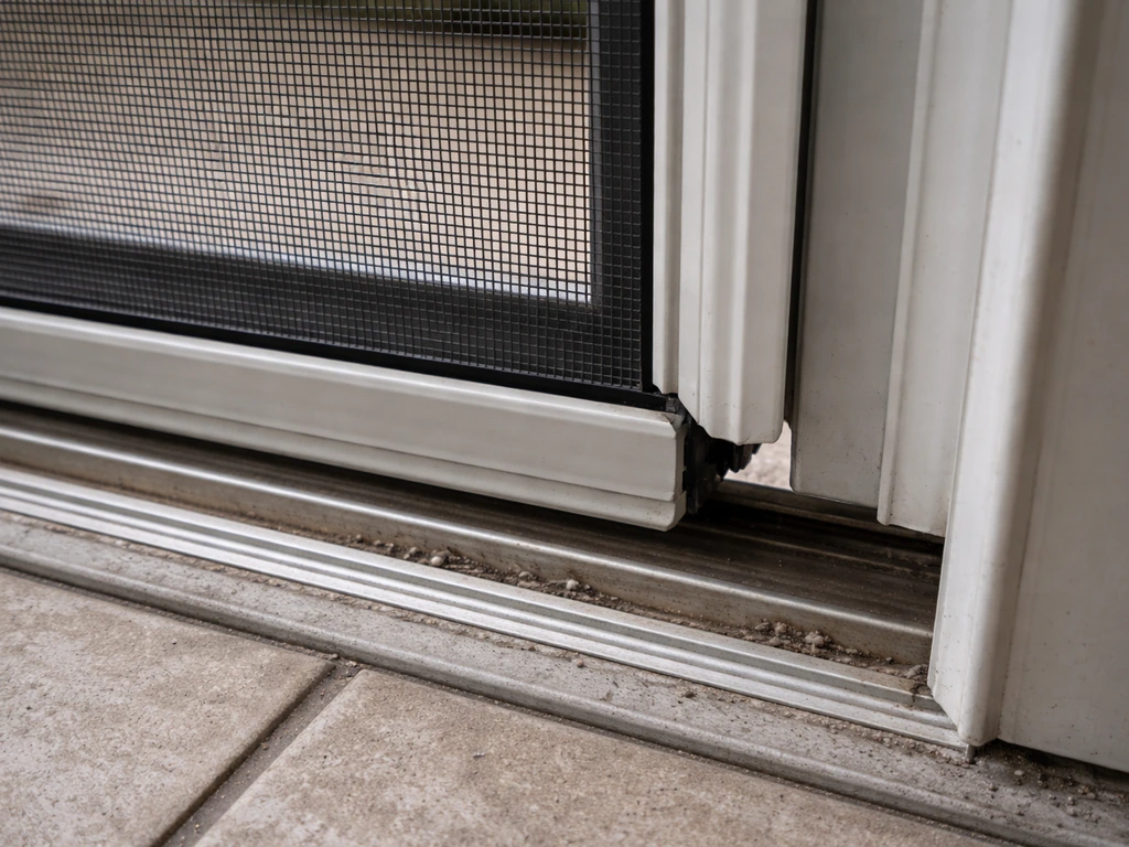 Close-up of a screen door seated in its top and bottom tracks with a small visible draft gap.