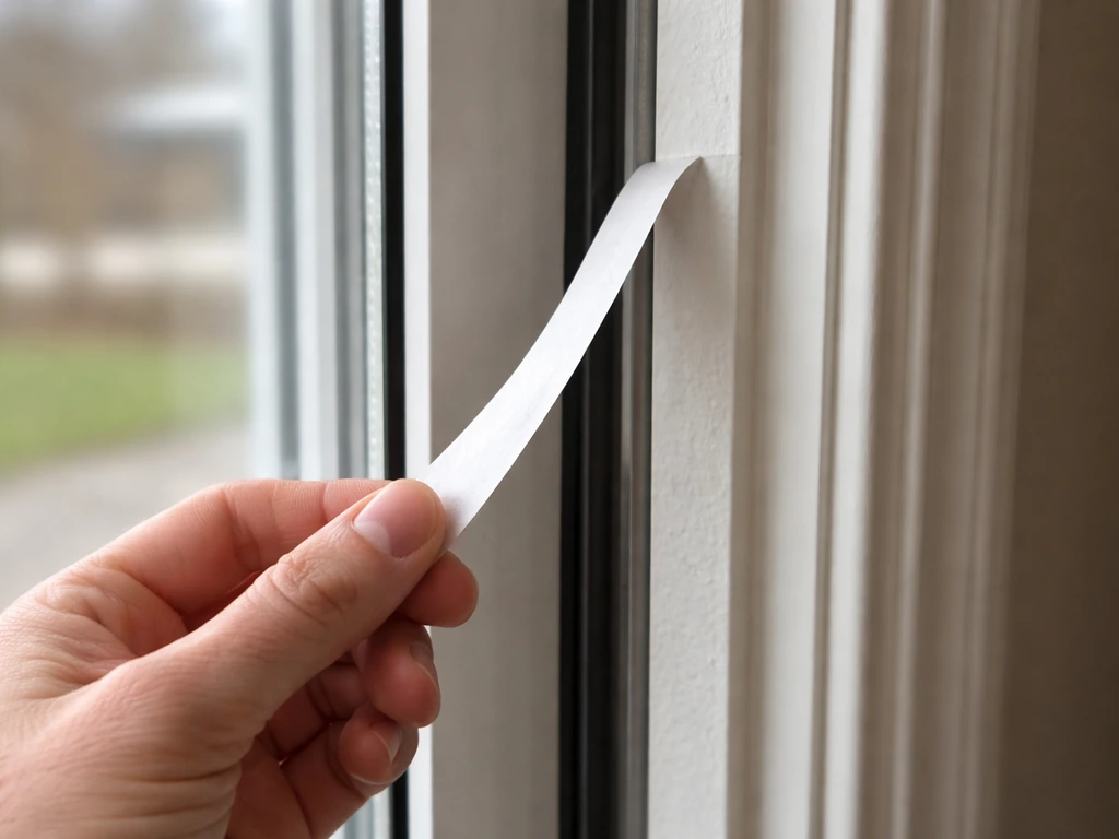 Close-up of a paper strip draft test held along a patio door jamb where airflow lifts it