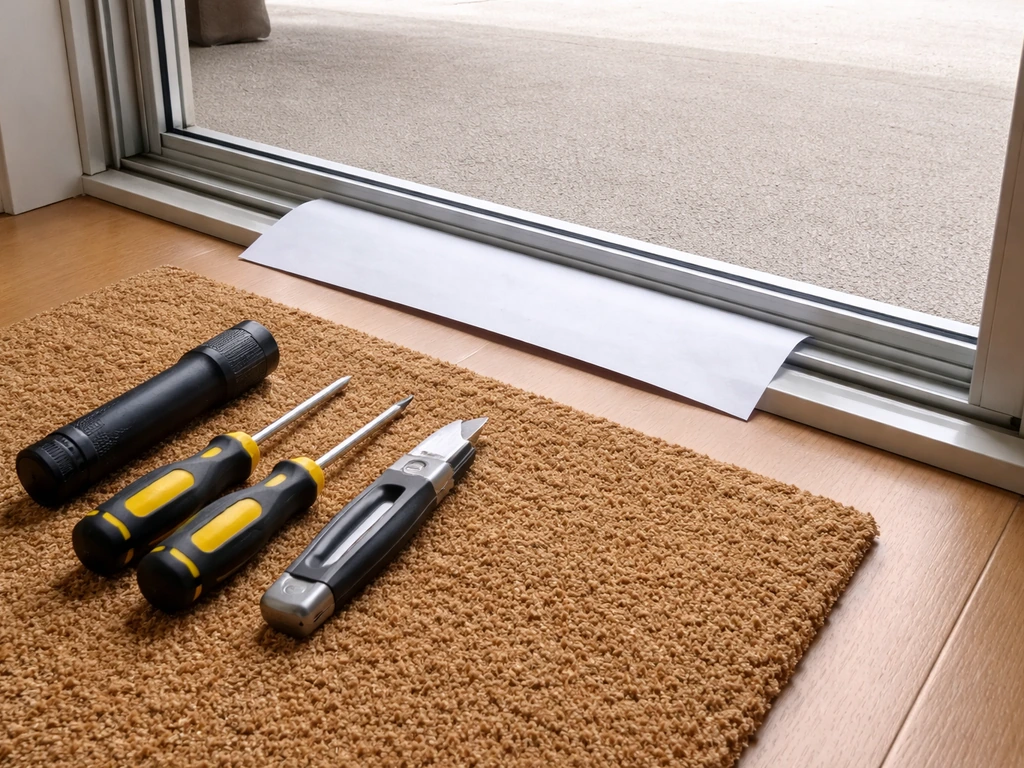 DIY inspection items—paper strip at a sliding patio door threshold with flashlight, screwdrivers, and utility knife.