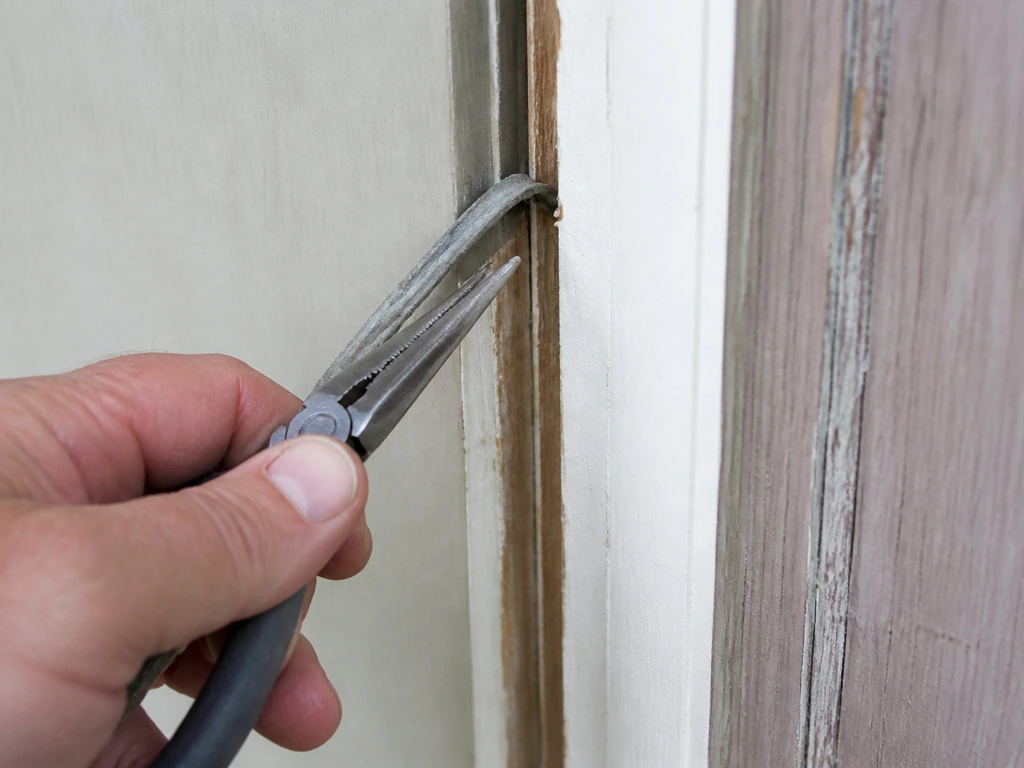 Close-up of hands pulling old kerf-in weatherstripping from a door frame groove, leaving it ready.