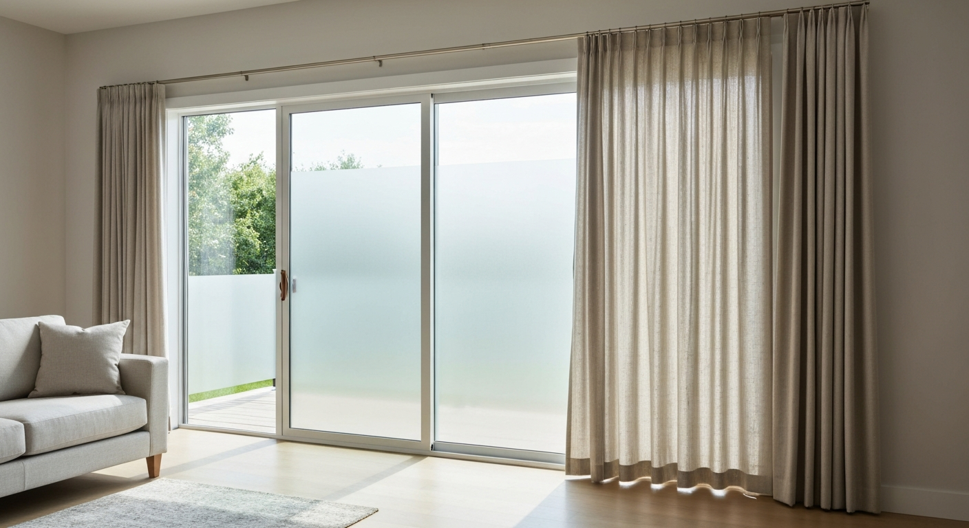 Modern living room with sliding patio door; one side shows frosted film and the other side a lined curtain on a wall-mounted rod, daylight coming through.