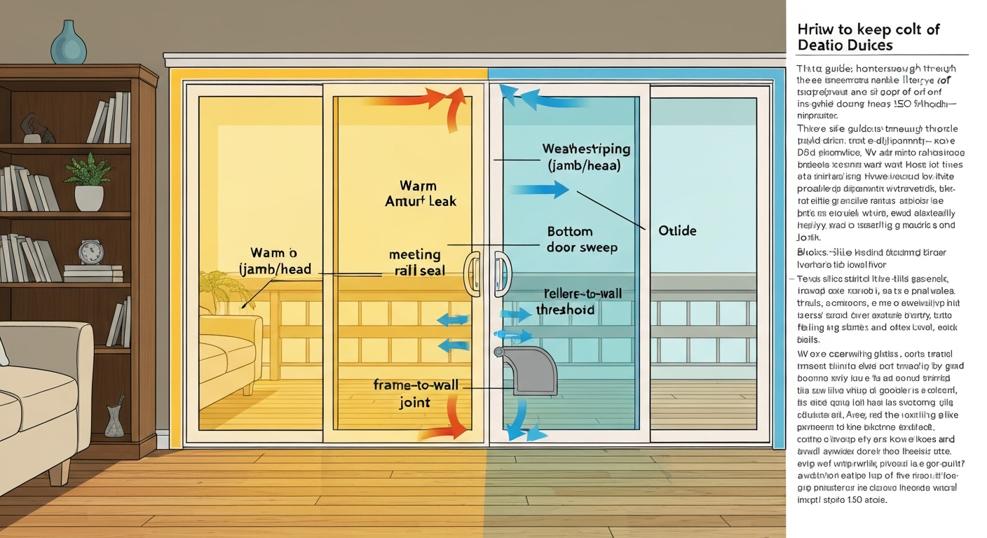 Illustrated cross-section of a sliding patio door showing labeled leak points (weatherstripping, meeting rail, sweep, frame joint, rollers) and arrows of cold air entering.