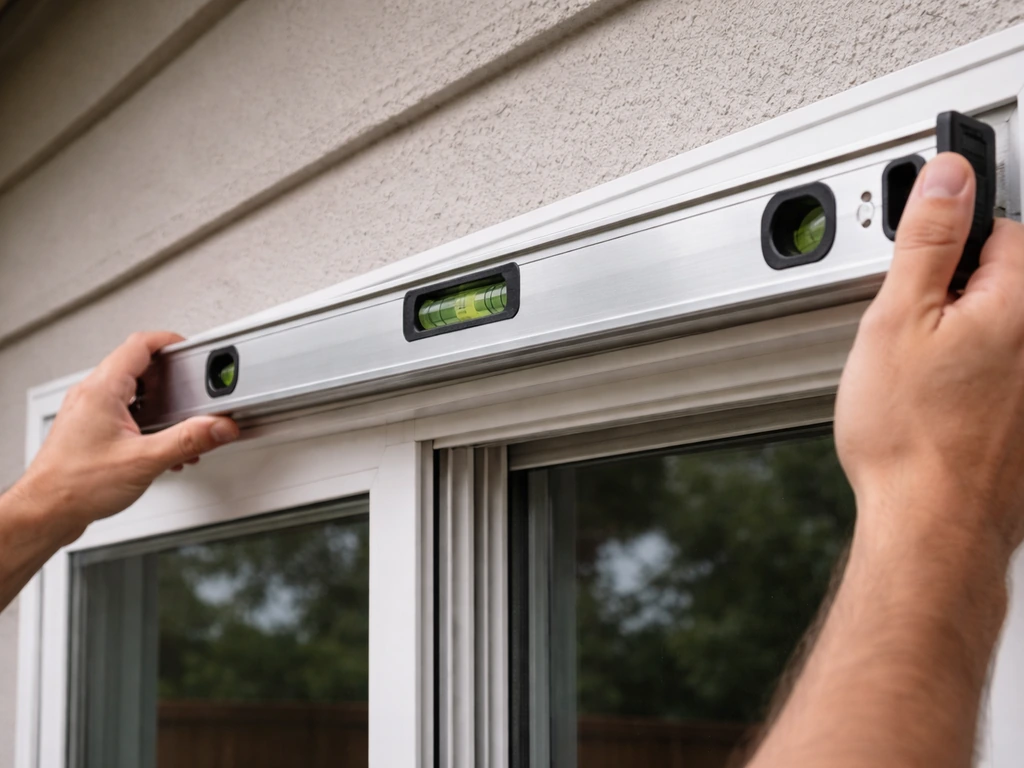 Hands place a spirit level along the top edge of a patio door frame to show proper leveling.