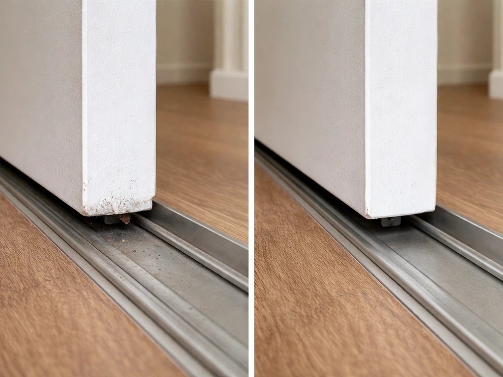 Close-up of a sliding door track showing one roller corner scraping and the other gliding cleanly