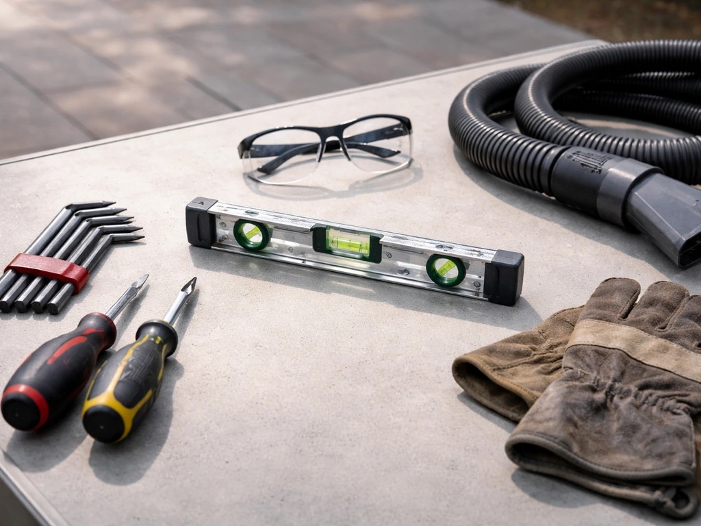 Tools and safety gear neatly arranged on a patio workbench: screwdrivers, hex keys, vacuum nozzle, level, gloves.
