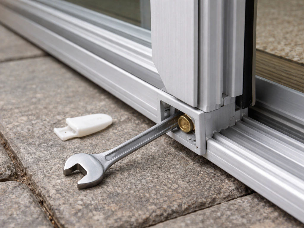 Close-up of a patio door bottom corner showing a roller adjustment screw being turned with a hex key.