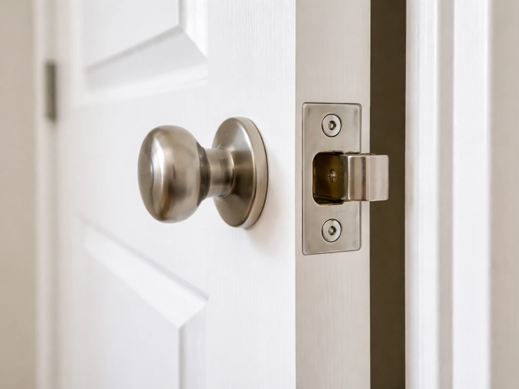 Closed interior door with strike plate and latch area aligned, showing the latch engaged cleanly.