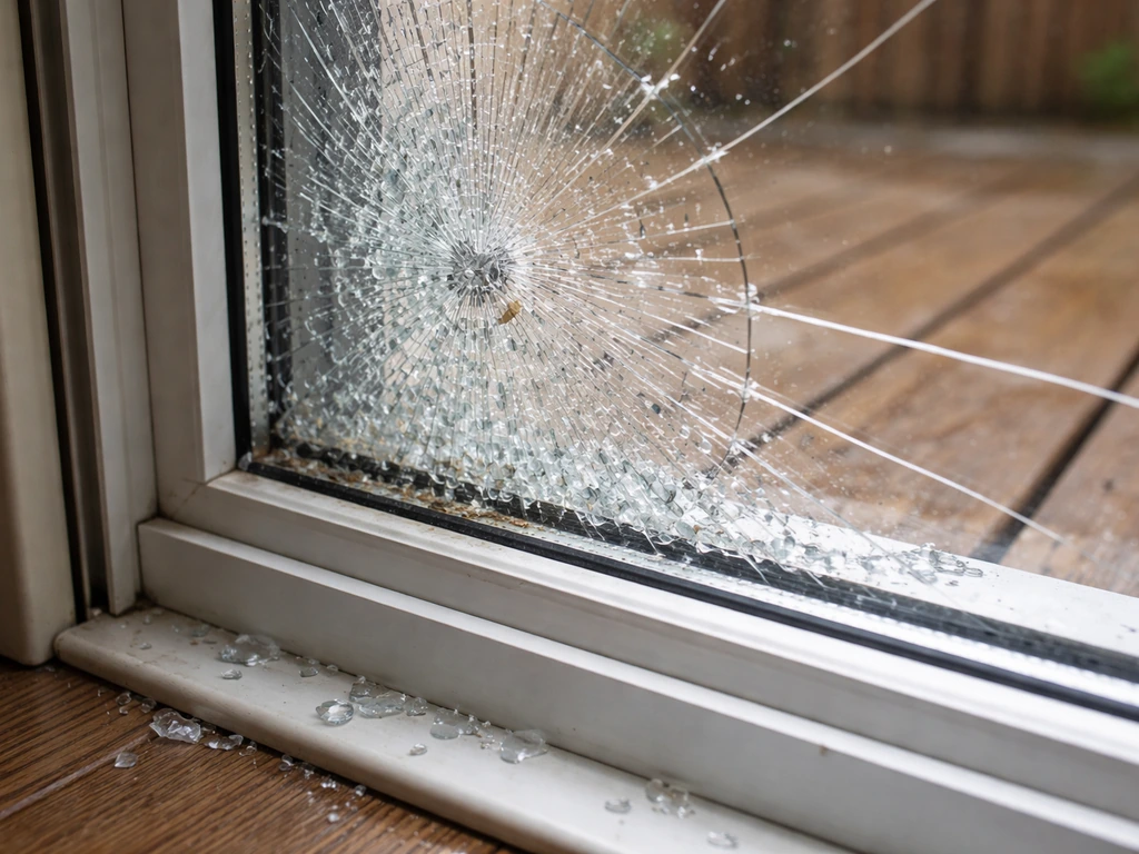 Close-up of broken patio door glass pane with visible IGU spacer and surrounding door frame