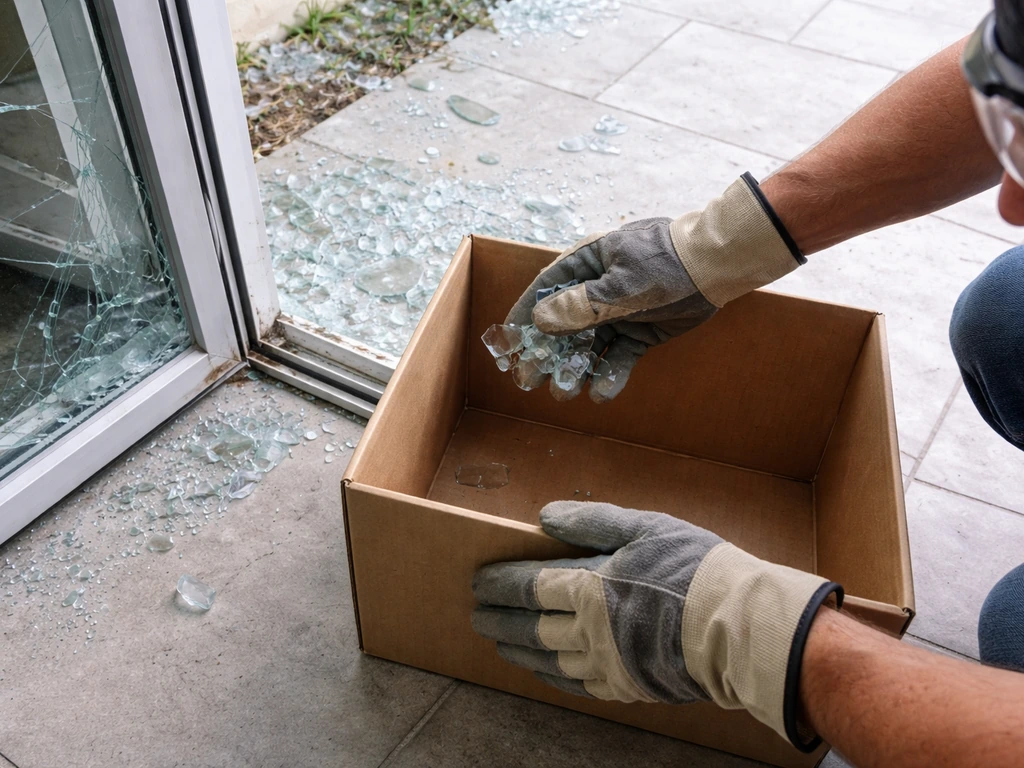 Thick work gloves and safety glasses beside a heavy cardboard box next to a damaged patio door