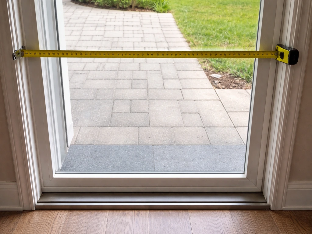Tape measure laid across a patio door frame opening to measure glass width and height.