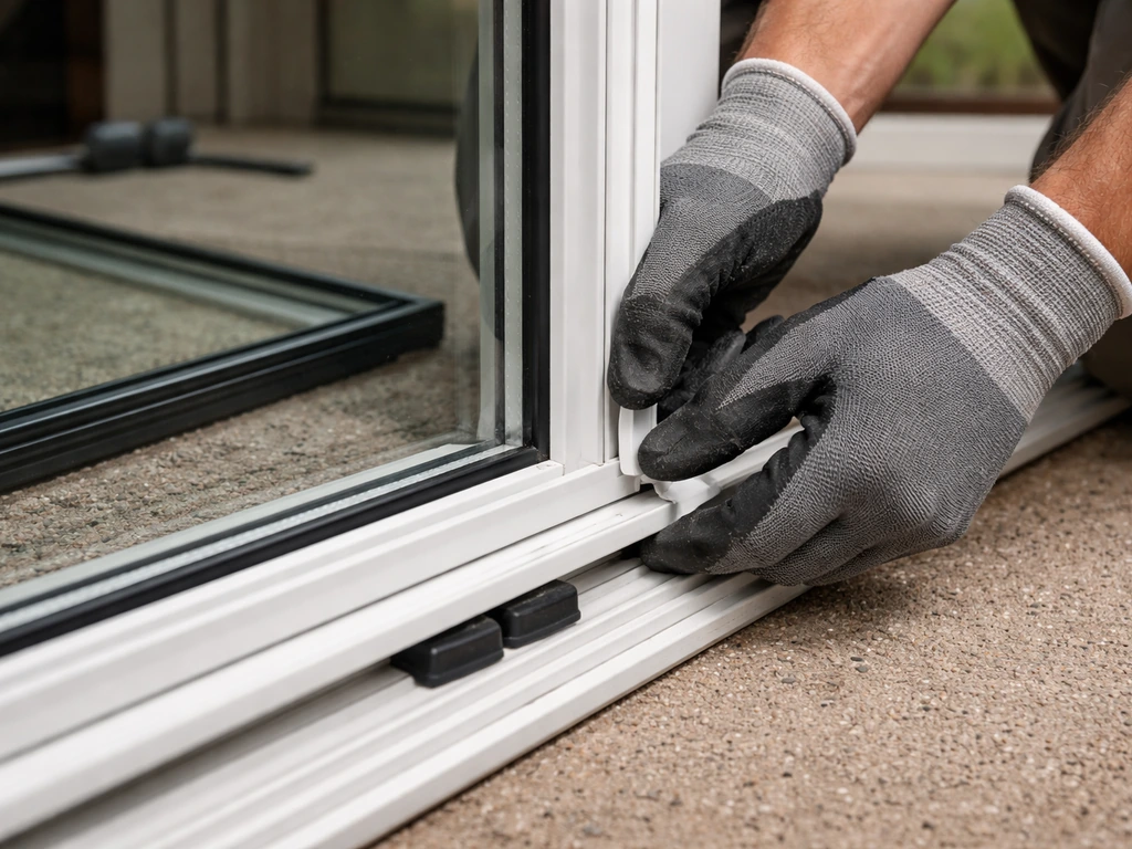 Close-up of hands removing and reinstalling a patio sliding door glazing bead with glass panels and setting blocks