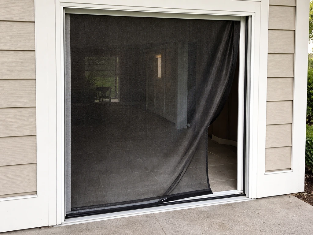 Patio doorway with a roll-down bug screen partially deployed, slightly misaligned on its tracks