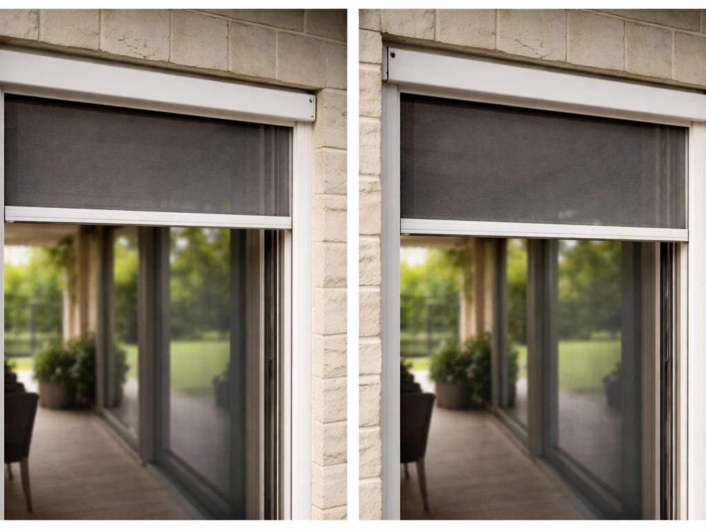 Two simple patio bug screen frames showing one stuck pulling down and one stuck pulling up