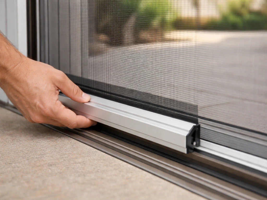 Hand adjusts a retractable patio screen door, showing the bottom bar aligned in the track.