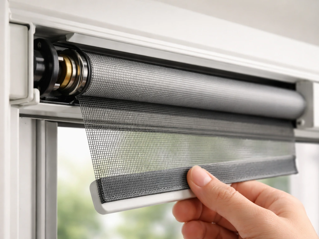 Close-up of an opened roller window screen housing with a screen pulled smoothly after binding is cleared