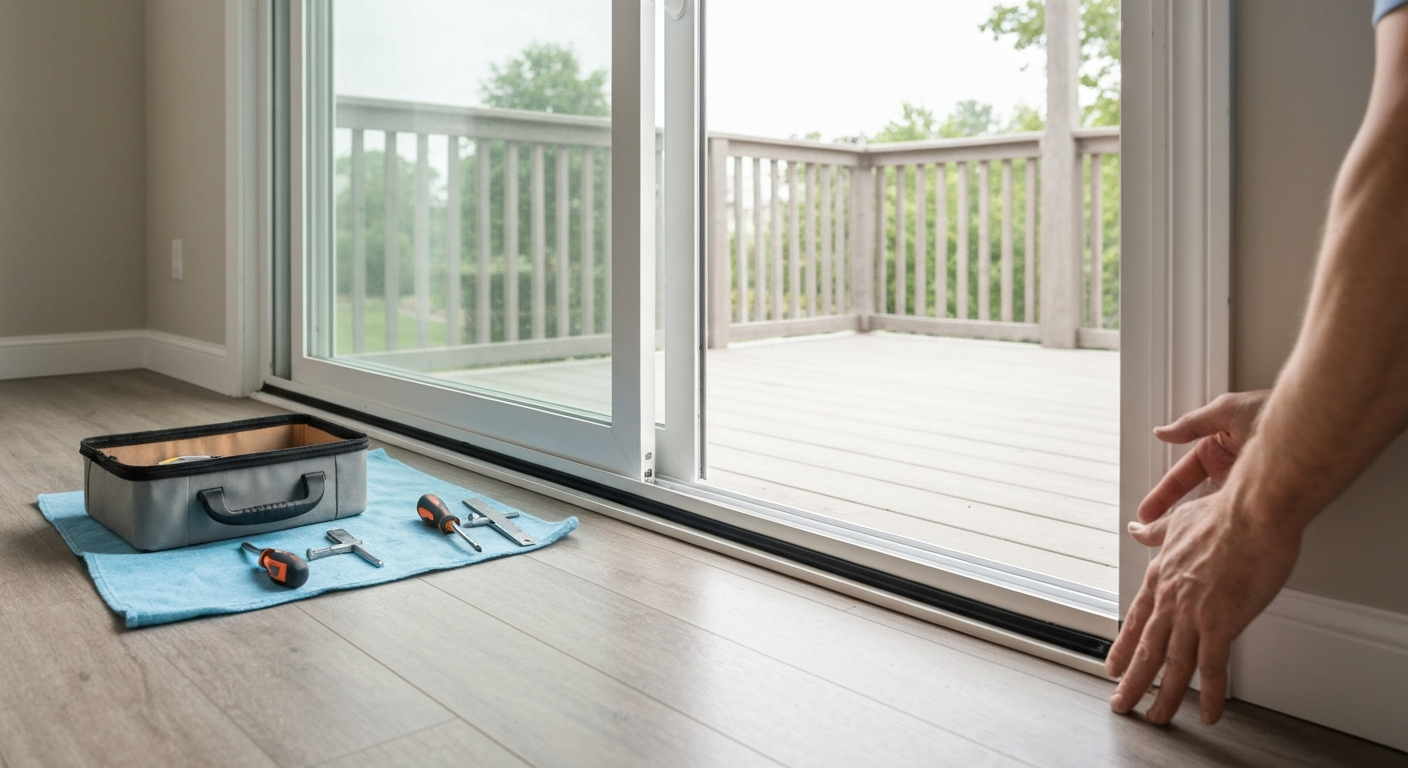 Homeowner preparing to repair a sliding patio door: door slightly open, tools and toolbox on a cloth, hands at the bottom rail.