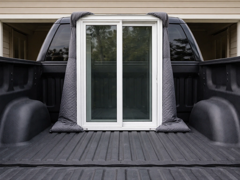 Upright patio door loaded against a pickup cab, with the glass-side protected inside the truck bed.