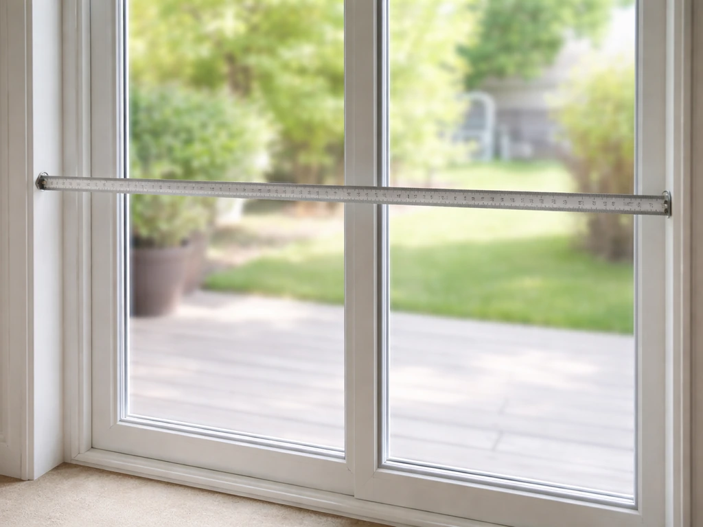 Steel measuring tape stretched across a patio door glass opening, showing outside-mount overlap on both sides