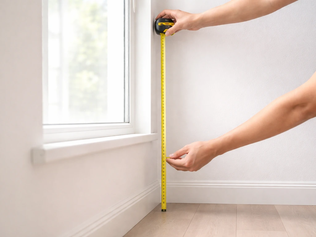 Close-up of a tape measure measuring the drop from a proposed blind headrail position to the floor.