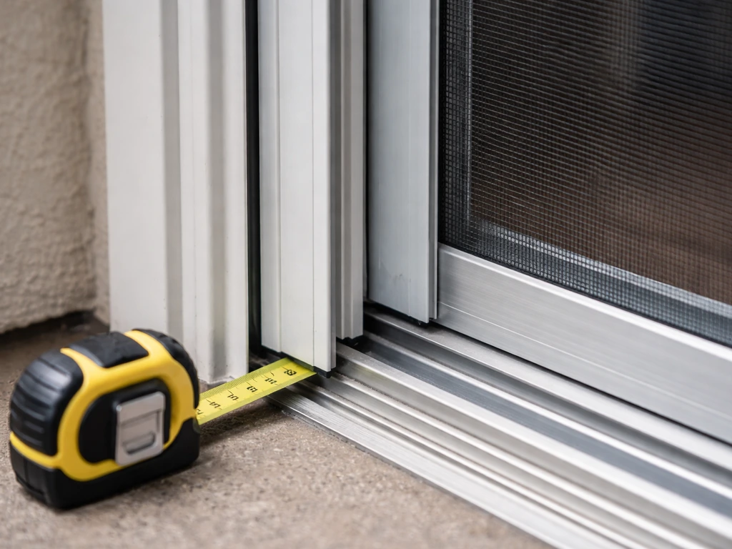 Close-up of patio screen door track and frame with measuring tape near the handle area.