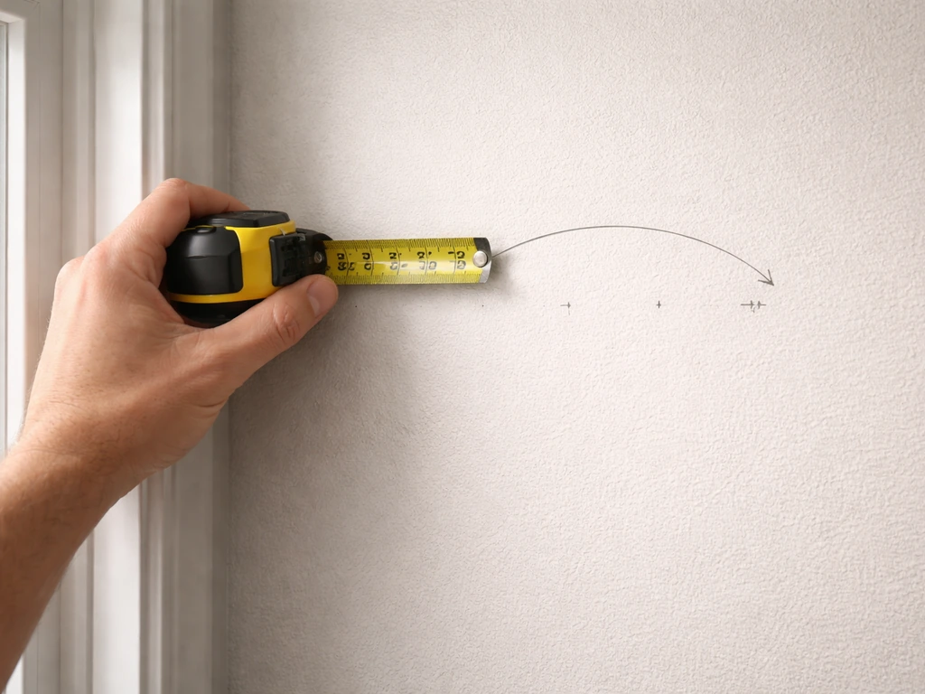Hand measuring window trim with tape at one point versus three marked positions on a wall