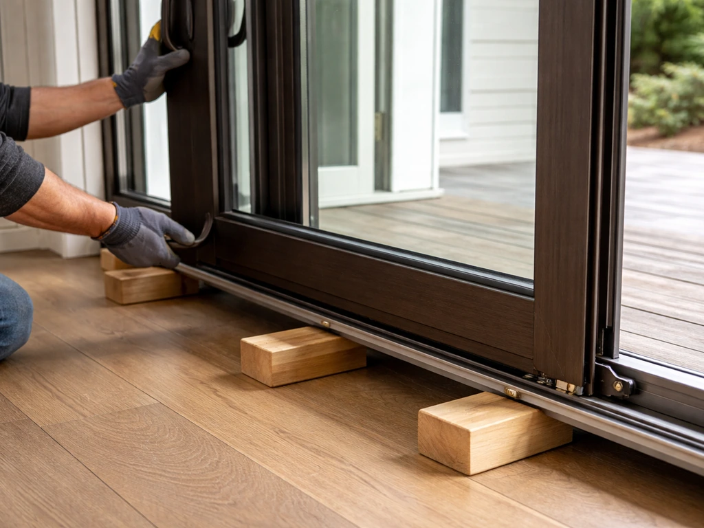 Large patio sliding door safely lifted with support blocks in a bright home entryway.