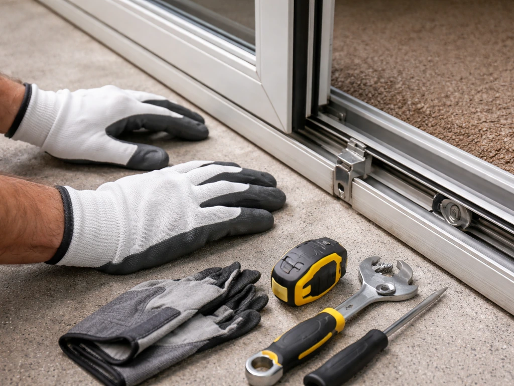 Tools and a sliding patio door hardware area with a lift-restriction safety guard concept