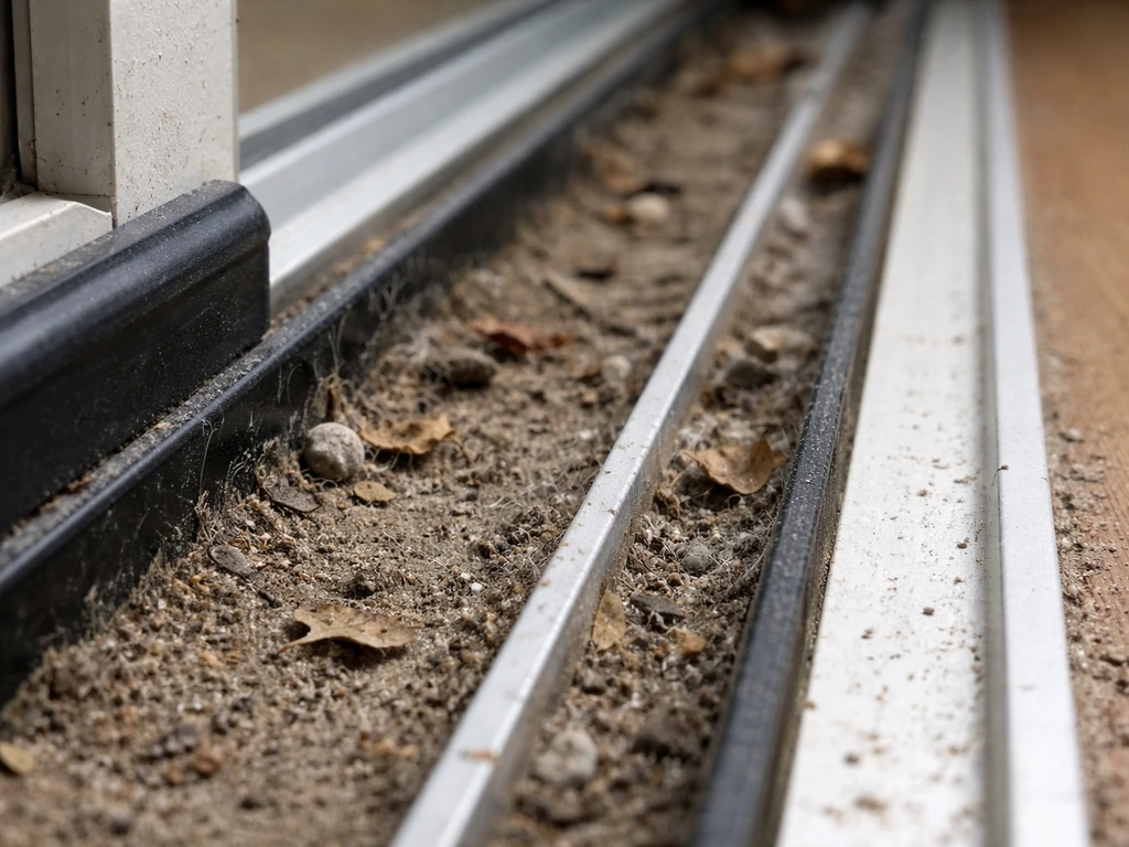 Close-up of a sliding door bottom track clogged with sand, pet hair, and small debris