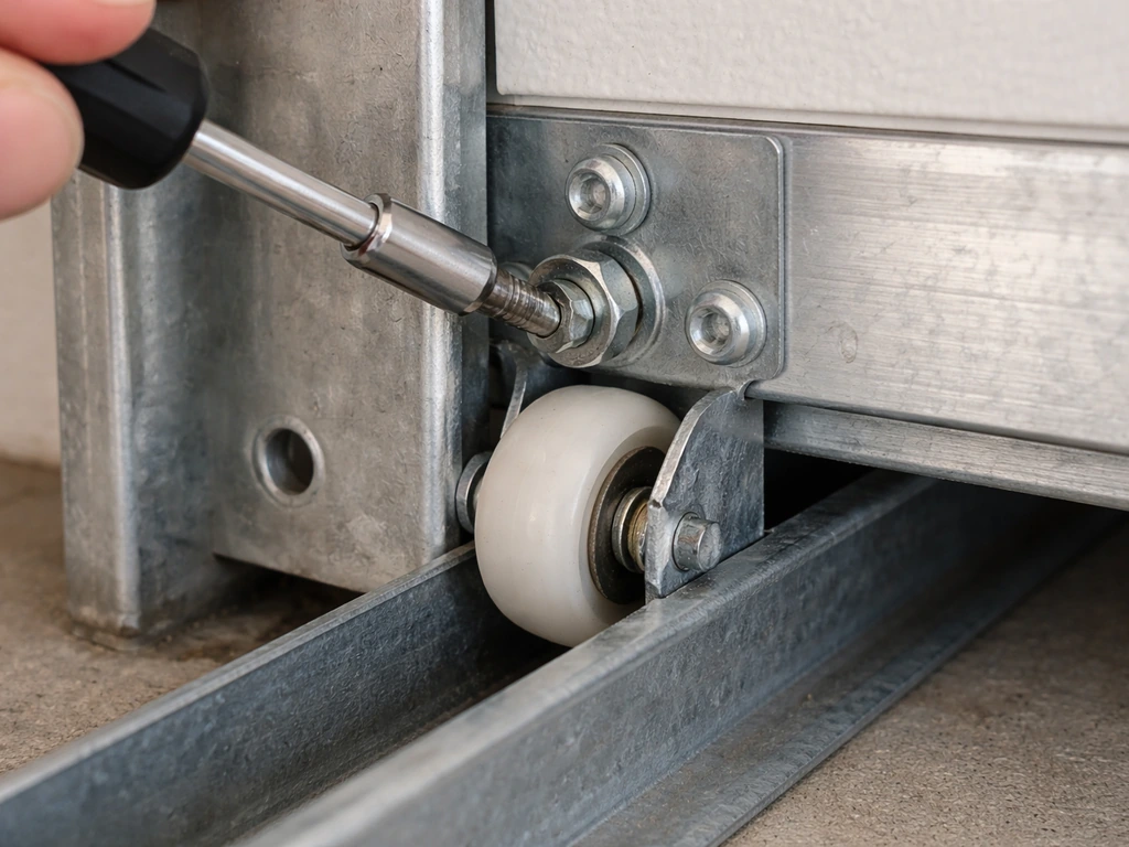 Close-up of a garage door bottom roller and adjustment screw aligning the door in its track.