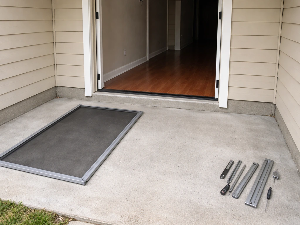 Cleared doorway with screen door removed, and track/hardware laid aside neatly on the floor.