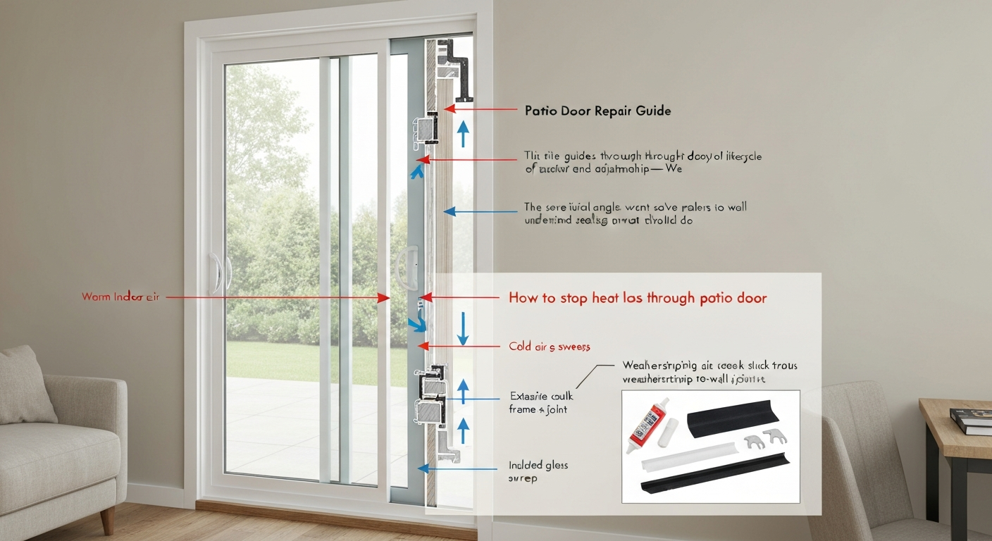 Infographic cross-section of a patio sliding glass door showing heat loss at the edges with arrows pointing to weatherstripping, door sweep, and exterior caulk; inset of basic tools.