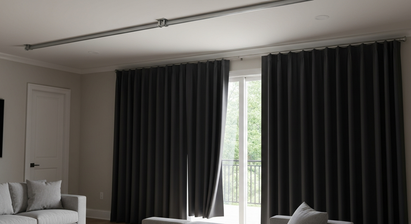 Modern living room with patio doors covered by ceiling-mounted blackout curtains, room darkened.