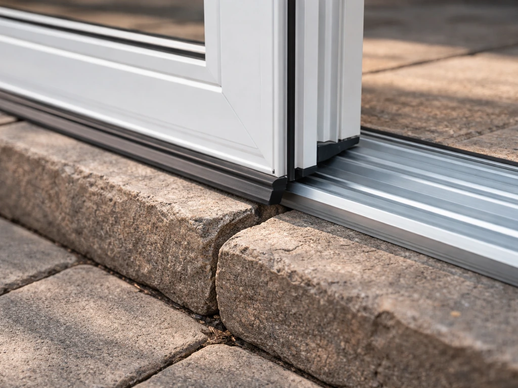 Close-up of sliding door threshold frame over a patio landing, showing how uneven steps affect the seal gap.