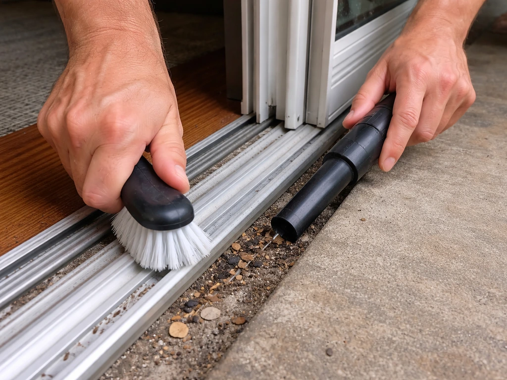 Hands brushing and vacuuming a sliding door track and weep holes to remove dirt.