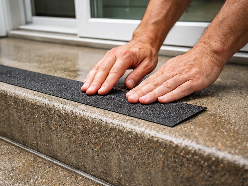 Hands press an abrasive anti-slip strip onto the wet patio step tread for traction