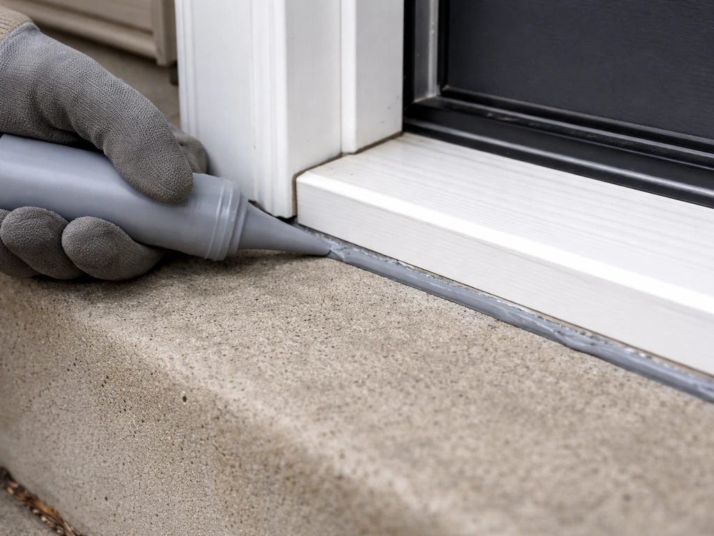 Close-up of sealing a gap at a door threshold where step meets door sill using exterior sealant.