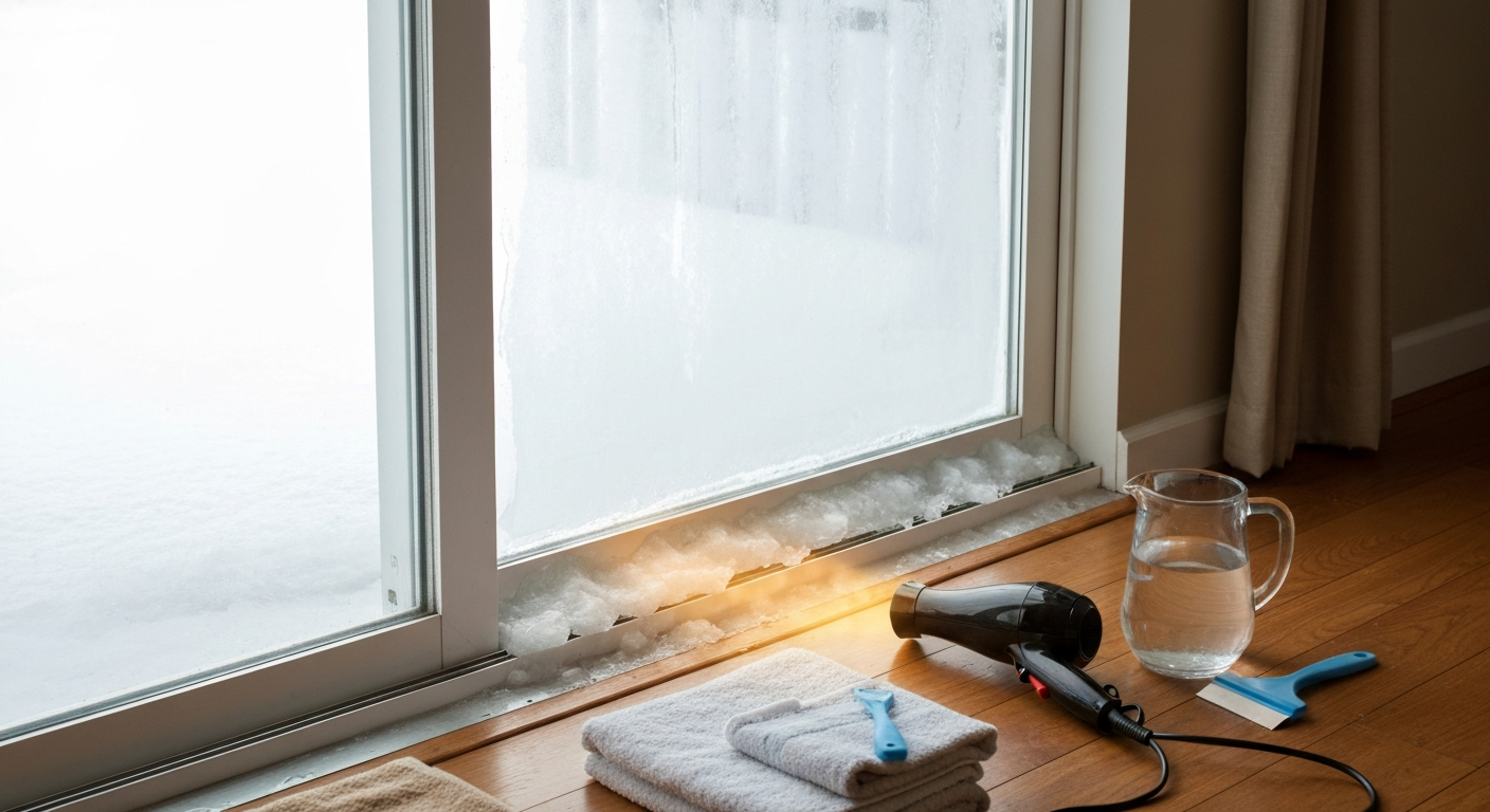 Frozen sliding glass patio door with ice along the bottom track; hair dryer, towels, and warm-water pitcher staged for thawing.