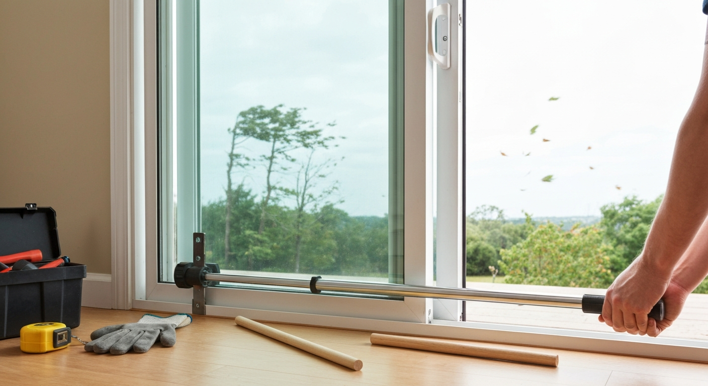 Telescoping security bar fitted in the bottom track of a sliding patio door with a hardwood dowel nearby; windy scene visible outside.