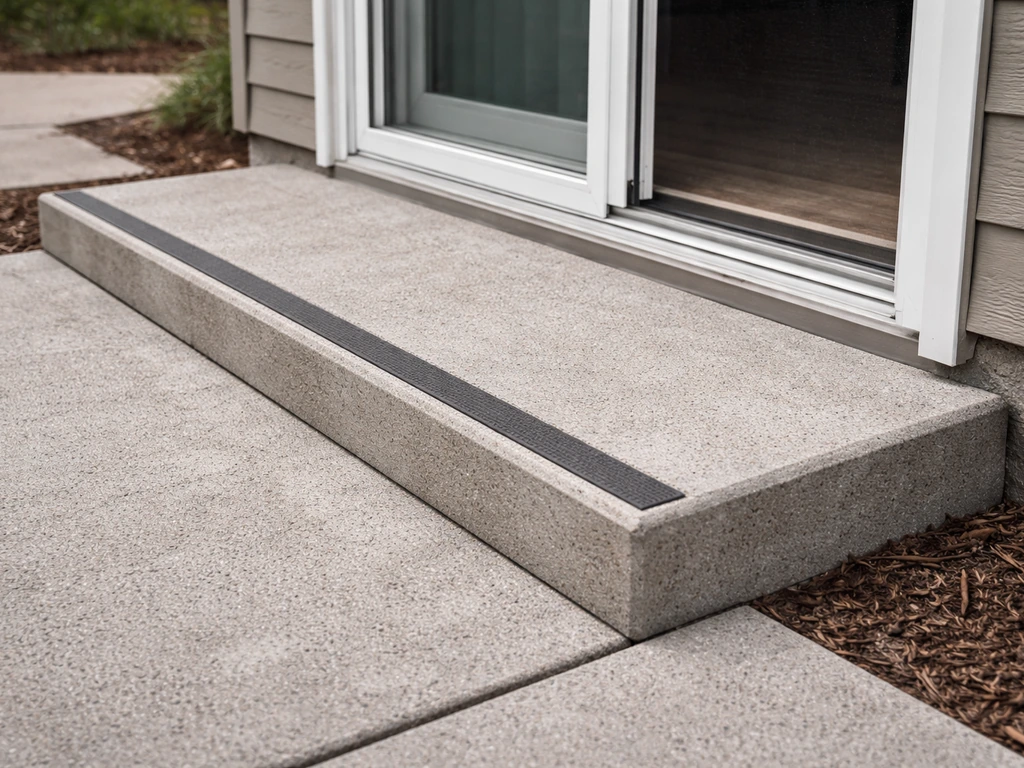 Side view of a patio door step improved with non-slip treads and level, safer footing