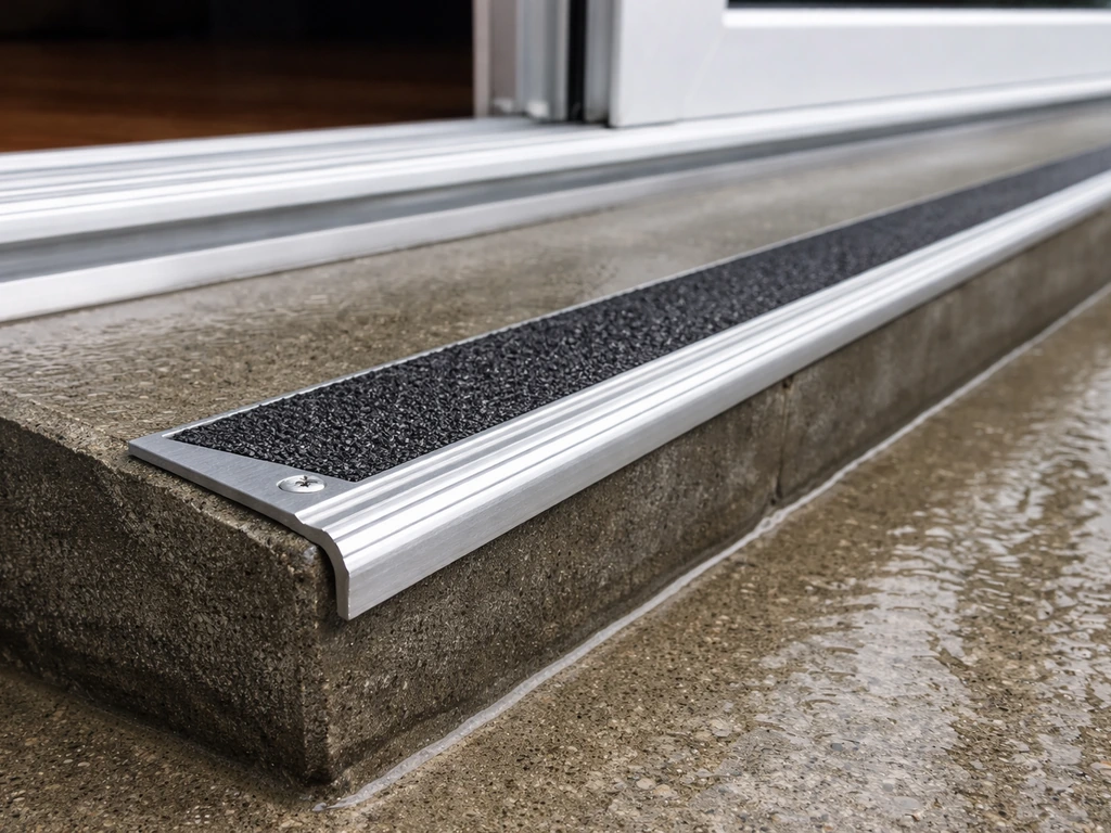 Close-up of a patio door threshold with installed aluminum abrasive nosing over a trip hazard drop.