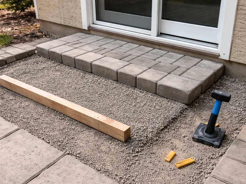 DIY paver steps under construction outside a patio door with compacted gravel and partially laid blocks.