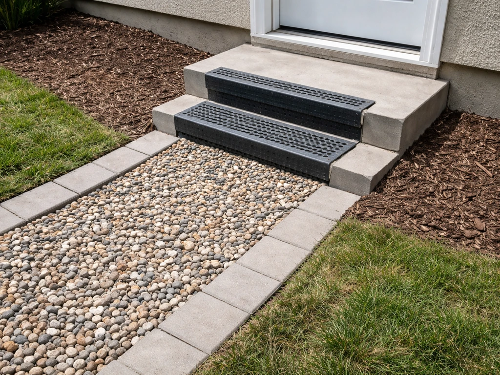Close-up of exterior metal step treads next to a gravel drainage channel sloping away from the doorway.