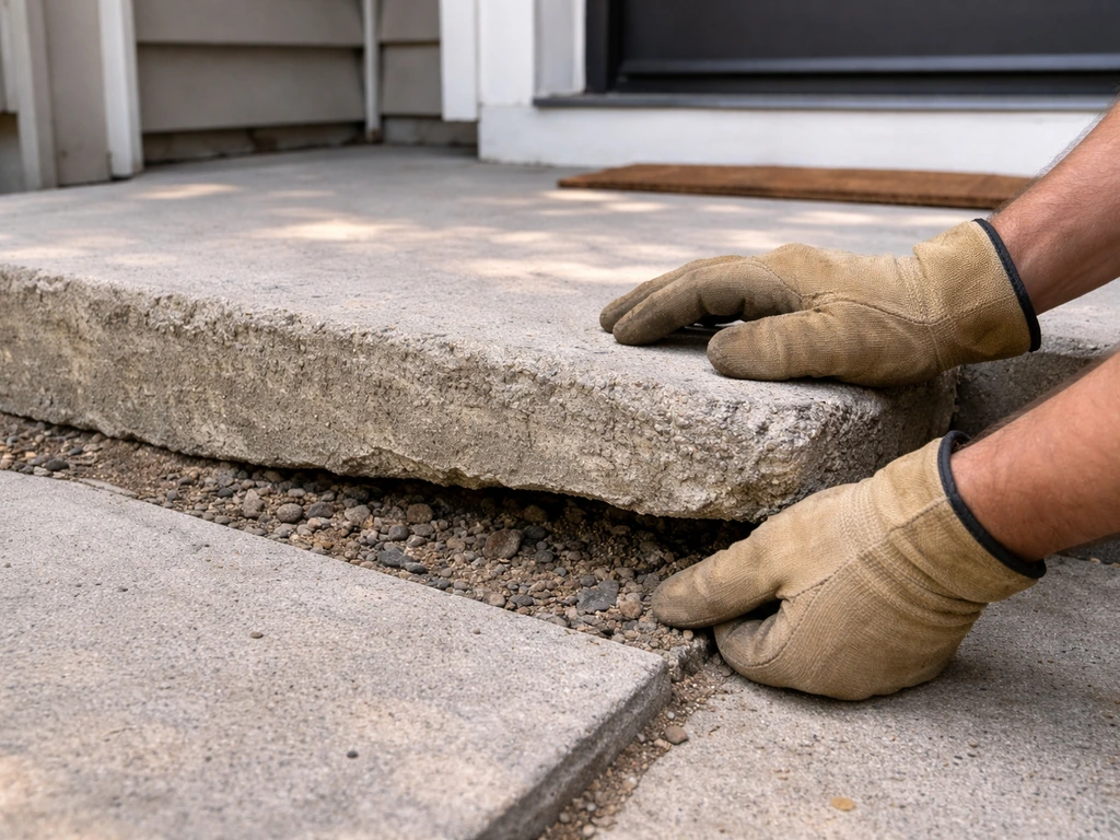 Gloved hands inspect a lifted, tilted porch step showing packing material under the low corner.