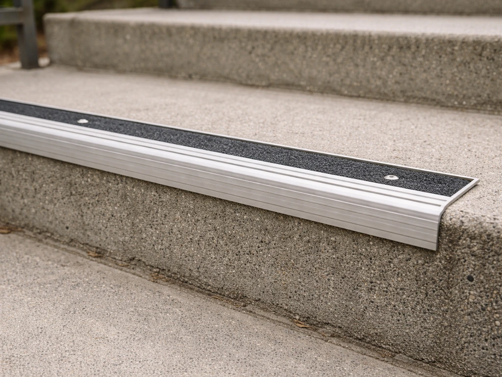 Close-up of exterior stair tread edge with abrasive aluminum non-slip nosing and visible riser gap